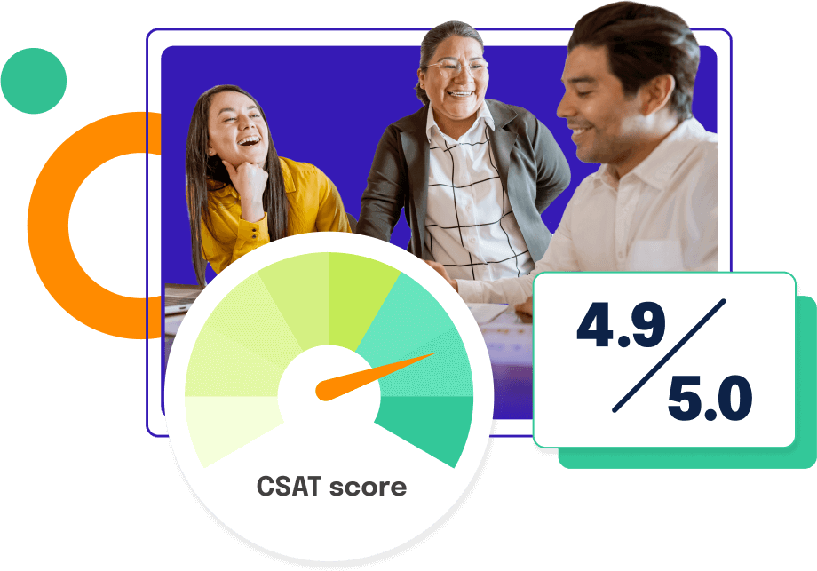 Two Women and a Man laughing - CSAT Score chart with a 4.9/5.0 graph Two Women and a Man laughing - CSAT Score chart with a 4.9/5.0 graph